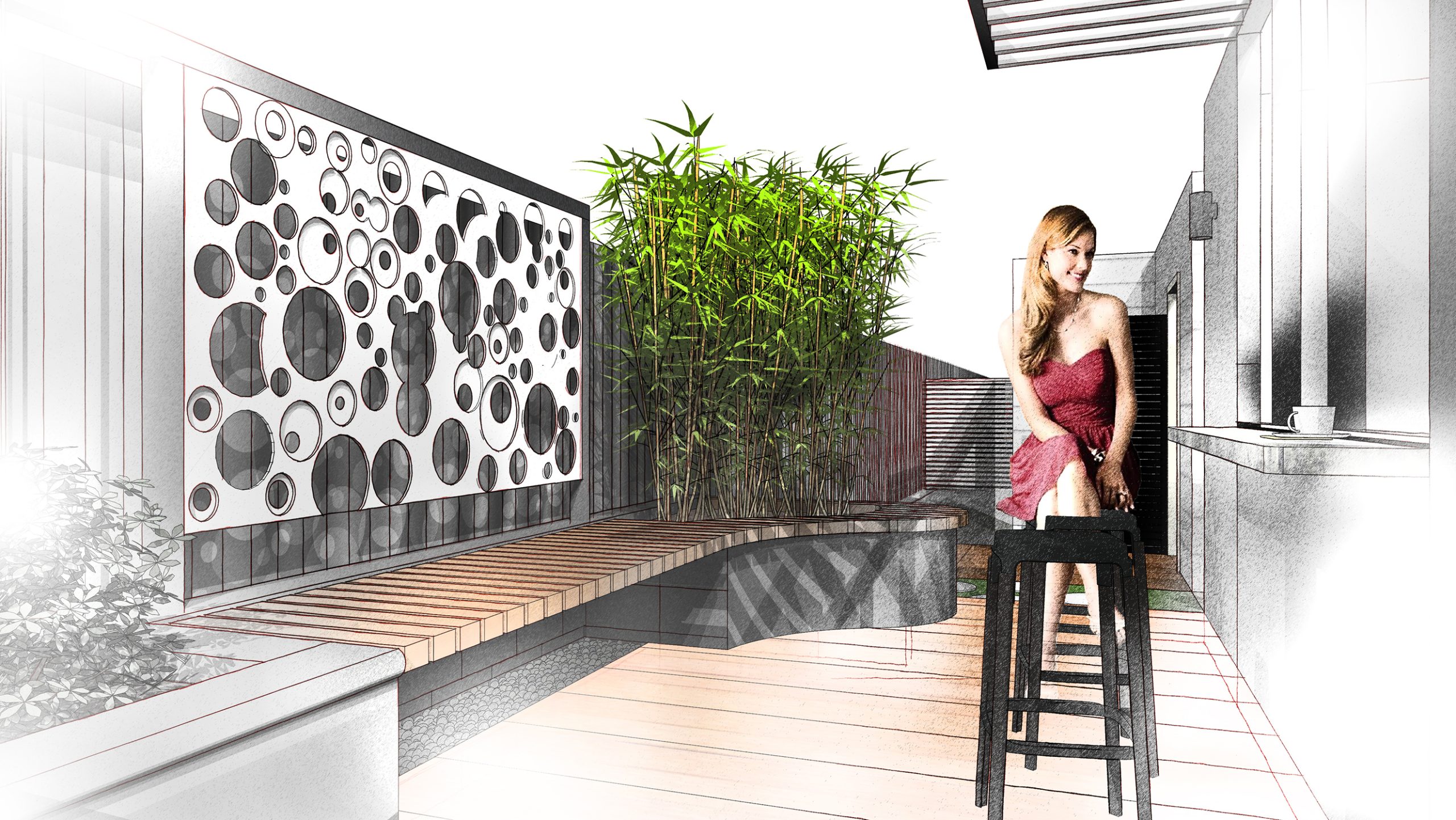 Small courtyard concept, decking, entertainers space, metal artwork